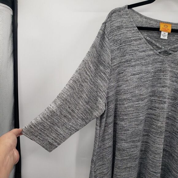 Ruby Rd. 3x Caged Neck Sweater Womens Plus Heathered Gray Black 3/4 Sleeve - Picture 9 of 12
